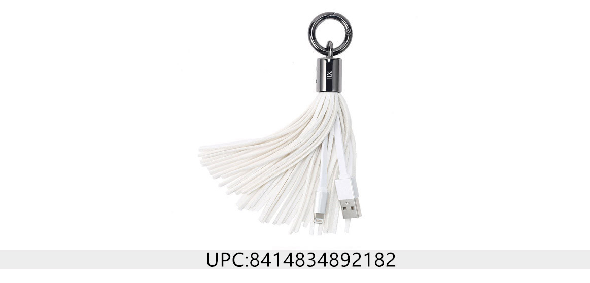 XII Cable USB Leather Tassel Key Chain, USB -Cable with 7-Inch 2.4 Amp-ChargeSync Cable (White) 
