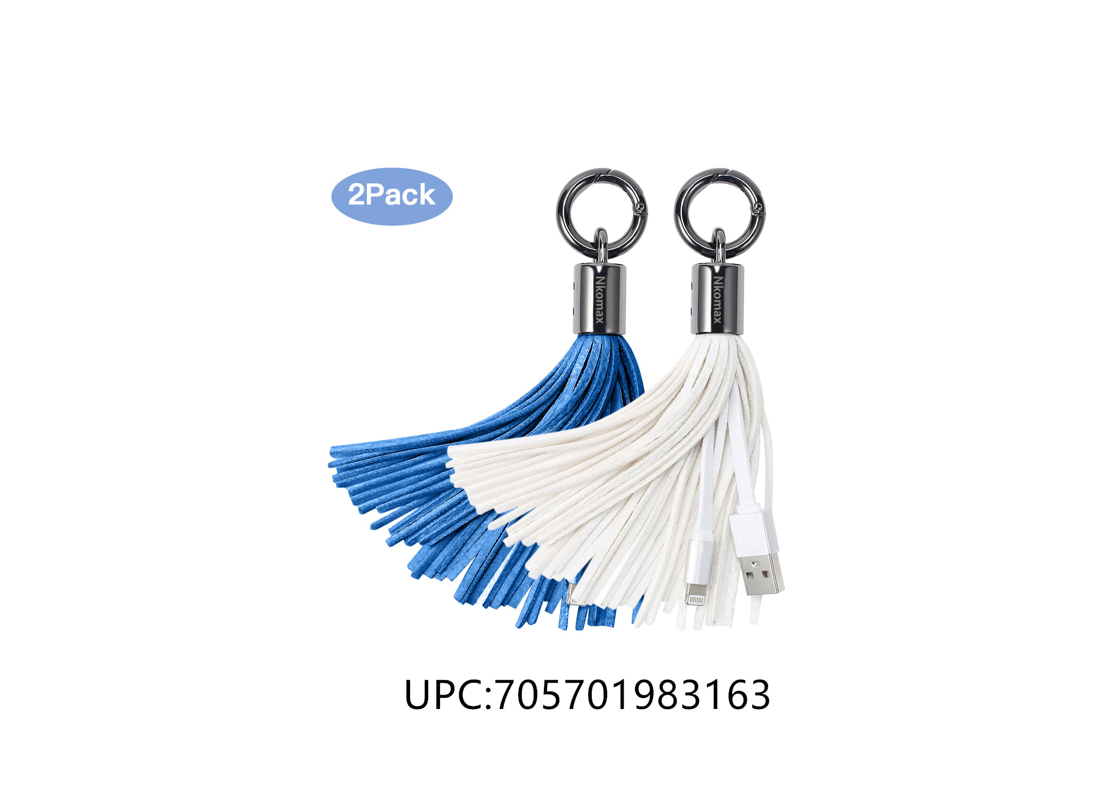 Lightning Tassel Keychain USB Leather Cable with 7-Inch 2.4 Amp Charge Sync Compatible with iPhone, ipad(White,Blue,2 Pack)